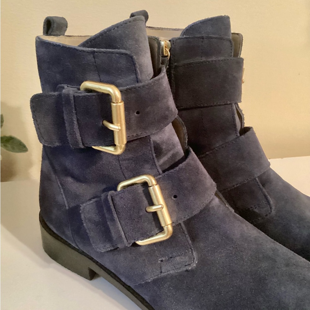 Boden Navy Suede Ankle Boots with Gold Buckles - Picture 2 of 9